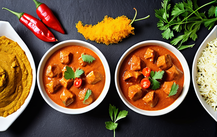 **Image Prompt 1: The Spectrum of Indian Heat and Flavor Balance**
    *   **Description:** A vibrant, close-up shot of a progression of Indian curries, showcasing varying degrees of heat. On one side, a mild, creamy Korma or Paneer Makhani, subtly spiced. In the middle, a rich, balanced Tikka Masala. Towards the other side, a fiery Vindaloo or Phaal, with visible red chili peppers. The image should convey both the intensity of the spice and the intricate balance of flavors, with steam rising from the bowls, hinting at aromatic spices and fresh herbs. The overall mood should be enticing and visually appealing, emphasizing the "delicate dance of flavors."
    *   **Keywords:** Indian curry heat spectrum, mild to fiery, vibrant red and orange colors, creamy textures, fresh green herbs, whole spices, chili peppers, balanced flavors, culinary art, aromatic steam, close-up food photography.