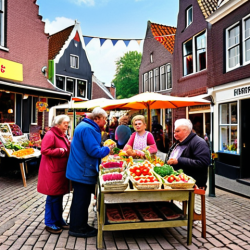 **Image Prompt:** A colorful market scene in a small Brabant village, Netherlands. People are interacting, and some speech bubbles show written examples of the Brabants dialect. Focus on capturing the cozy and friendly atmosphere. The image should evoke a sense of local pride and cultural heritage.